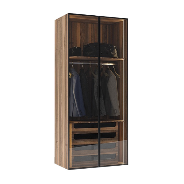Шкаф двухдверный цвет орех с выдвижными ящиками и стеклянными полками